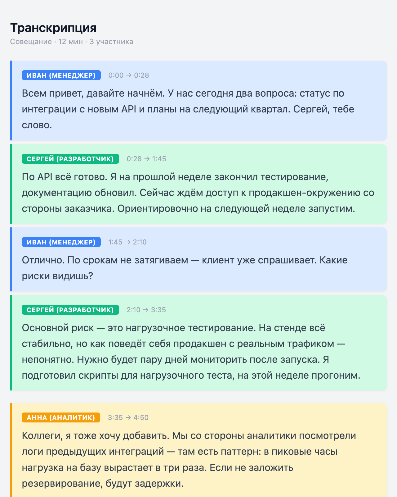 Пример HTML-транскрипта с цветной разметкой говорящих